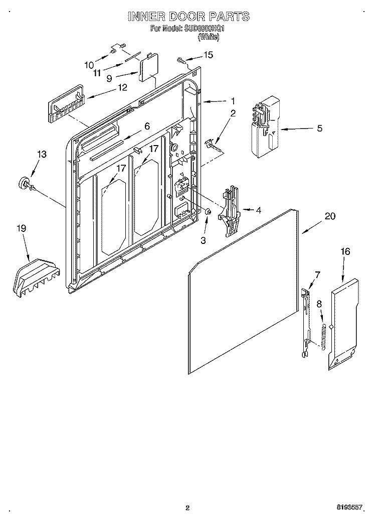 INNER DOOR Diagram and Parts List for SUD6000HQ1  Whirlpool Dishwasher