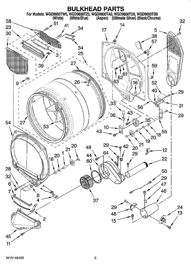 BULKHEAD PARTS Diagram and Parts List for WGD9600TW0  Whirlpool Dryer