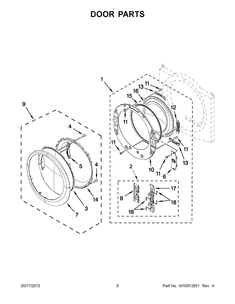 DOOR PARTS Diagram and Parts List for YWED88HEAW1  Whirlpool Dryer