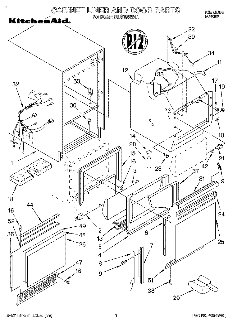 CABINET LINER AND DOOR, LITERATURE Diagram and Parts List for KUIS185EBL1  KitchenAid Ice Maker