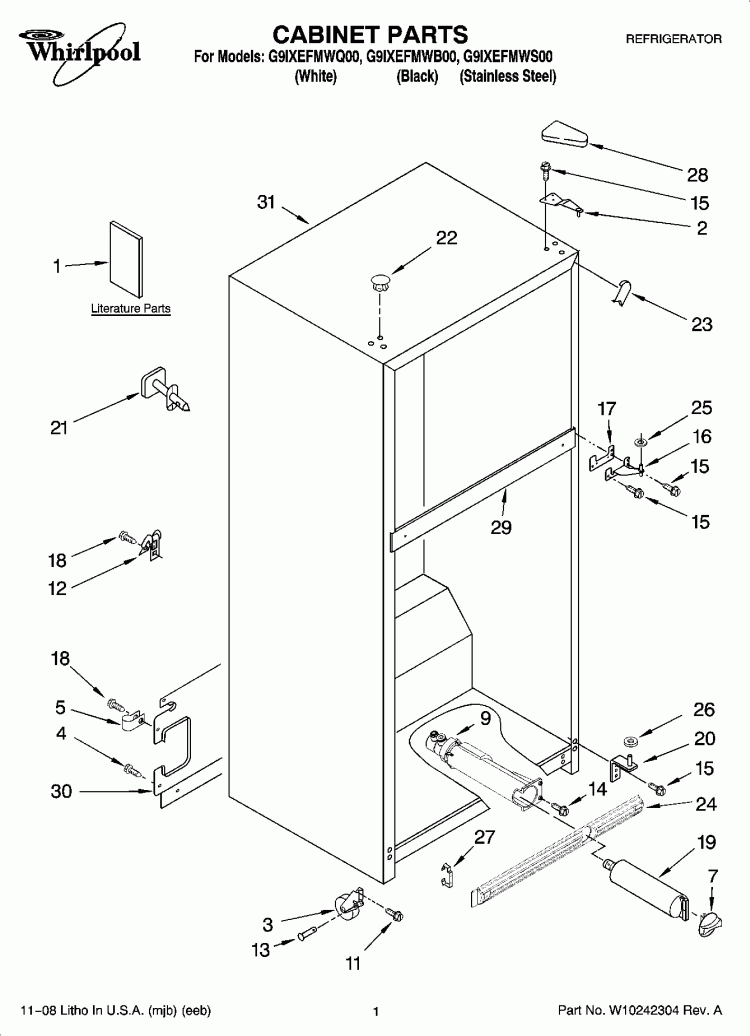 CABINET PARTS Diagram and Parts List for G9IXEFMWS00  Whirlpool Refrigerator