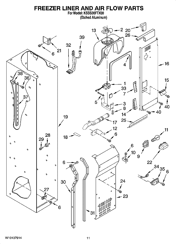 FREEZER LINER AND AIR FLOW PARTS Diagram and Parts List for KSSS36FTX00  KitchenAid Refrigerator