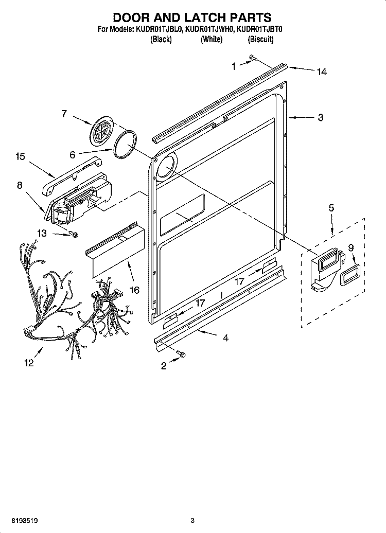DOOR AND LATCH PARTS Diagram and Parts List for KUDR01TJBT0  KitchenAid Dishwasher