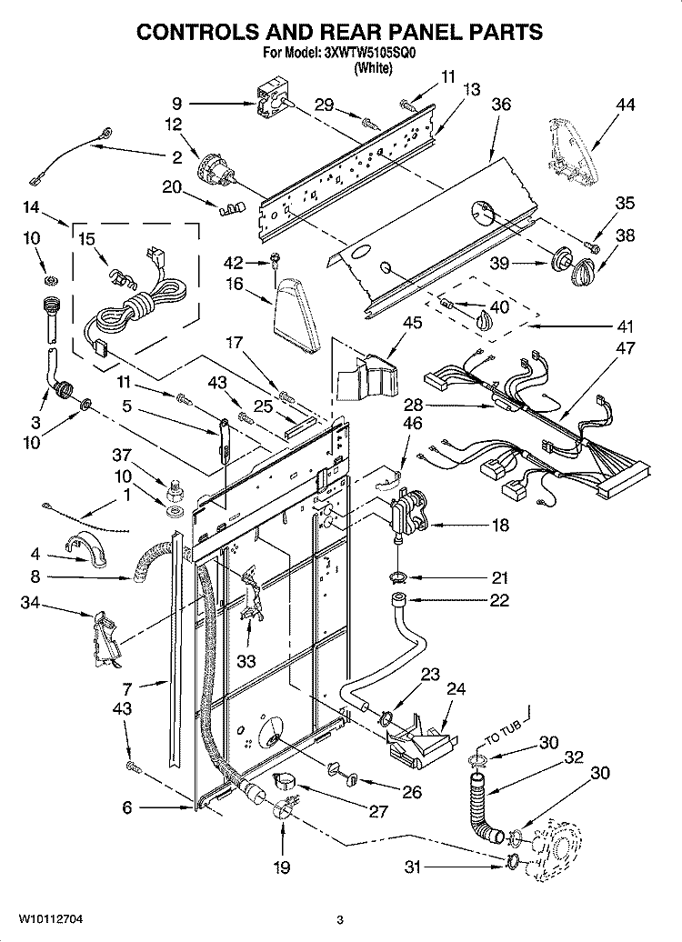 CONTROLS AND REAR PANEL PARTS Diagram and Parts List for 3XWTW5105SQ0  Whirlpool Washer