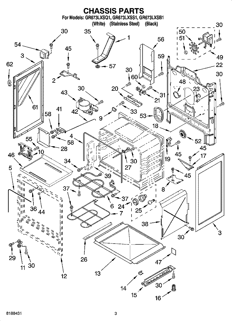 CHASSIS PARTS Diagram and Parts List for GR673LXSQ1  Whirlpool Range