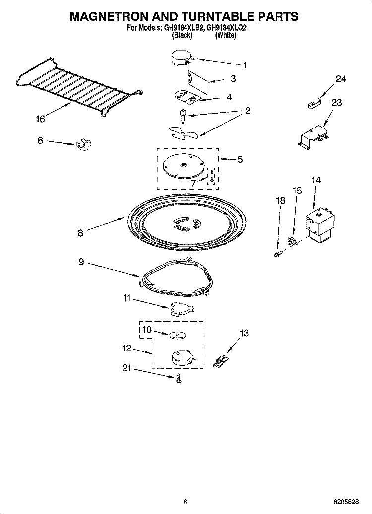 MAGNETRON AND TURNTABLE PARTS Diagram and Parts List for GH9184XLB2  Whirlpool Microwave