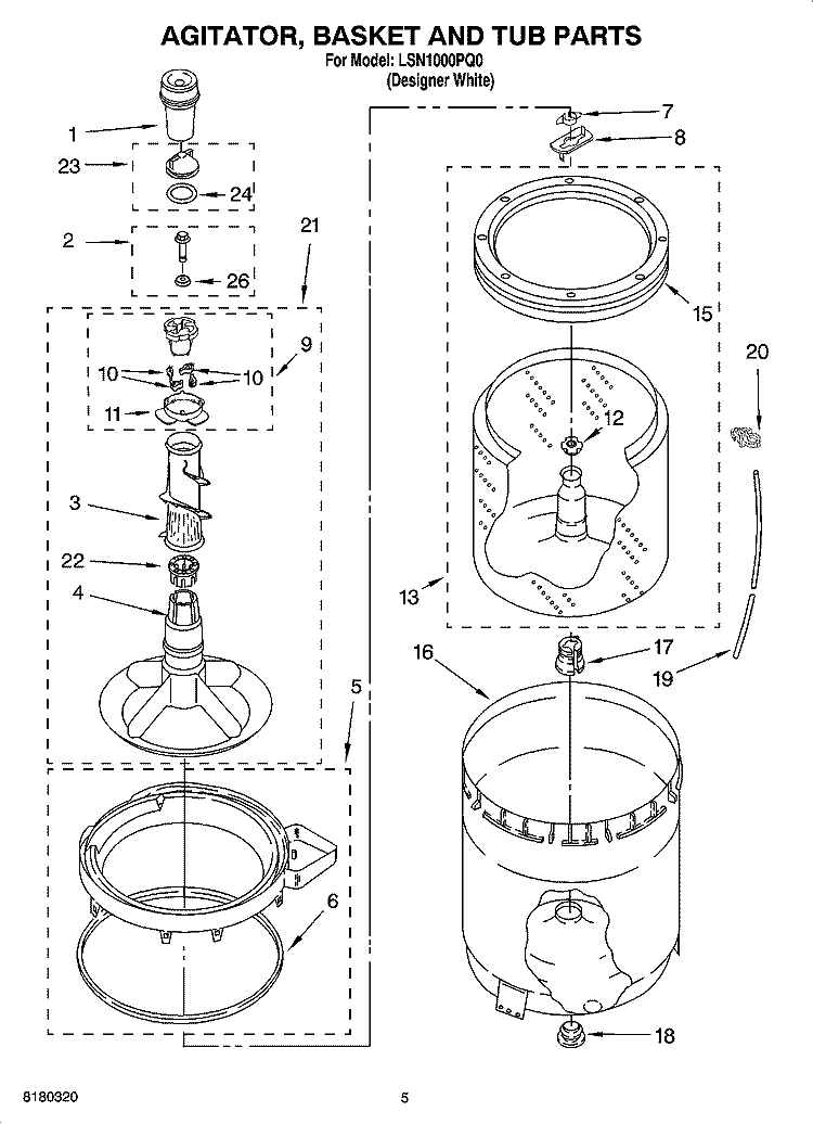 AGITATOR, BASKET AND TUB PARTS Diagram and Parts List for LSN1000PQ0  Whirlpool Washer
