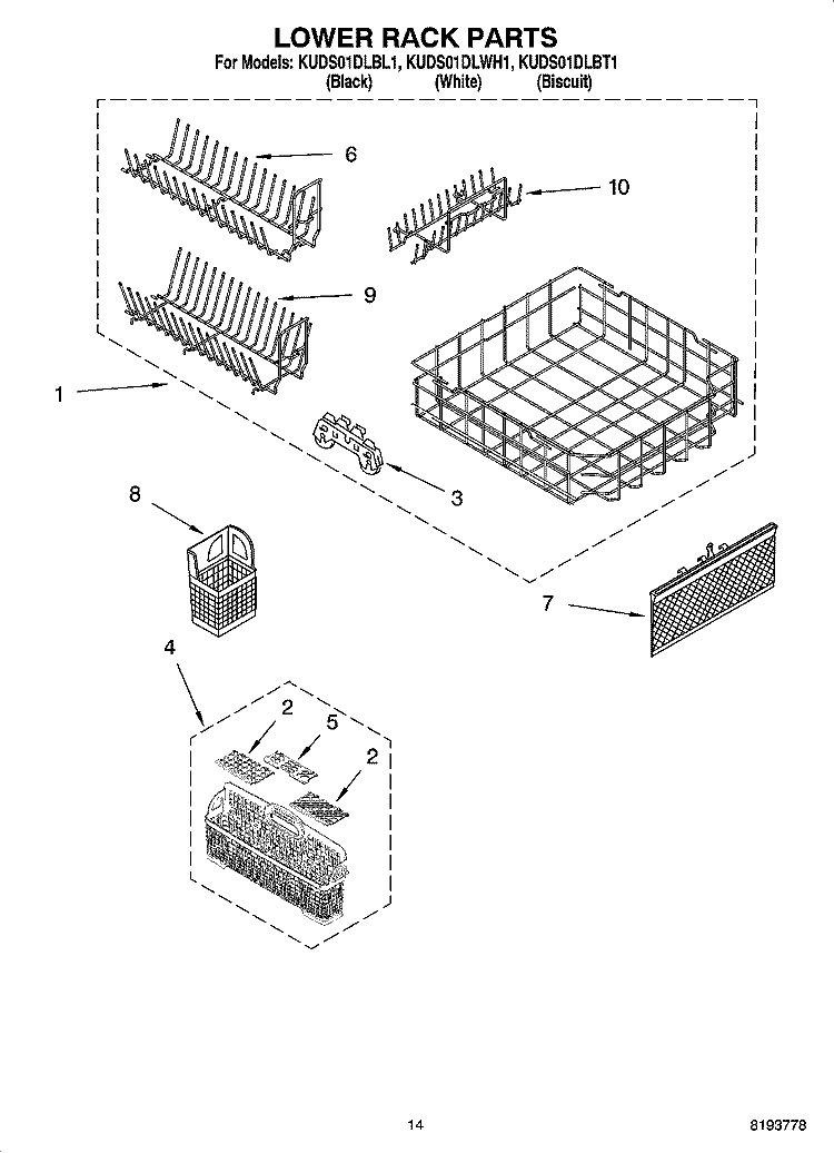 LOWER RACK PARTS Diagram and Parts List for KUDS01DLBL1  KitchenAid Dishwasher
