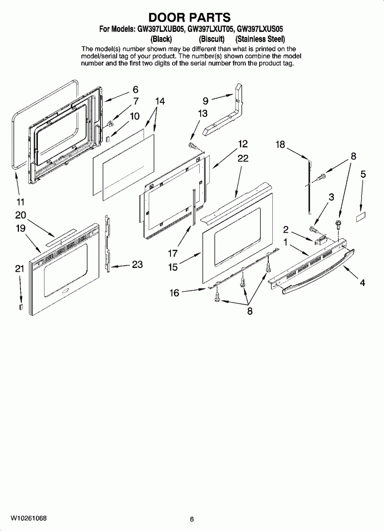 DOOR PARTS Diagram and Parts List for GW397LXUB05  Whirlpool Range