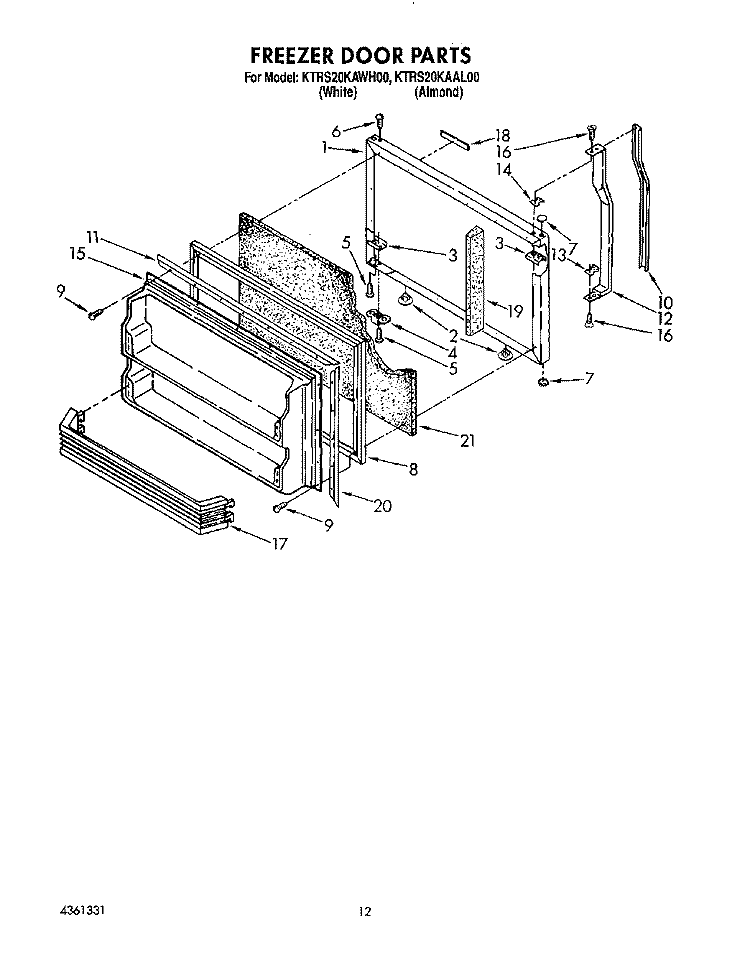 FREEZER DOOR Diagram and Parts List for KTRS20KAWH00  KitchenAid Refrigerator