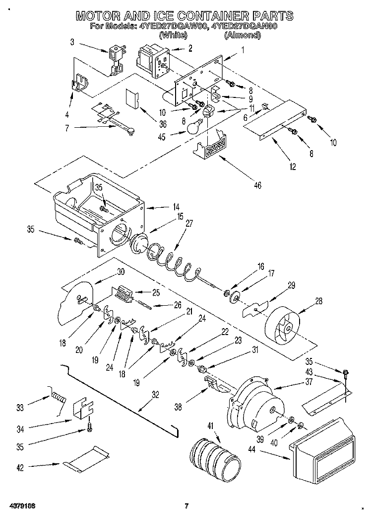 MOTOR AND ICE CONTAINER Diagram and Parts List for 4YED27DQAN00  Whirlpool Refrigerator