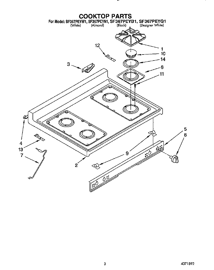 COOKTOP Diagram and Parts List for SF367PEYB1  Whirlpool Range