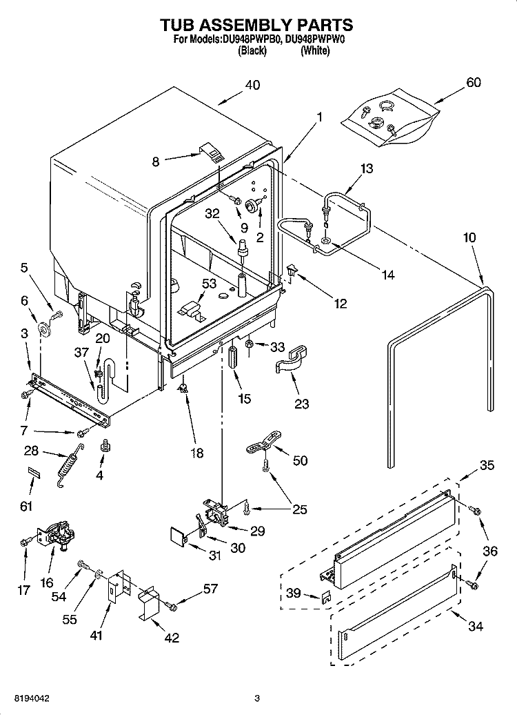 TUB ASSEMBLY PARTS Diagram and Parts List for DU948PWPB0  Whirlpool Dishwasher