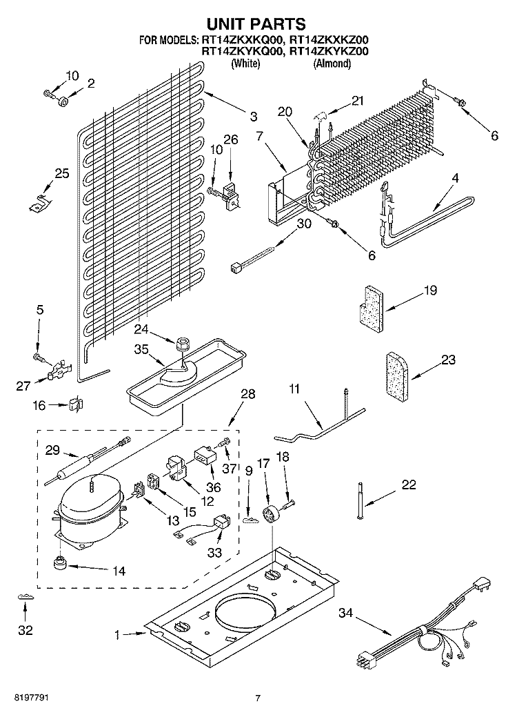UNIT Diagram and Parts List for RT14ZKYKQ00  Roper Refrigerator