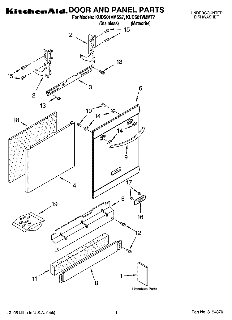 DOOR AND PANEL PARTS Diagram and Parts List for KUDS01VMMT7  KitchenAid Dishwasher