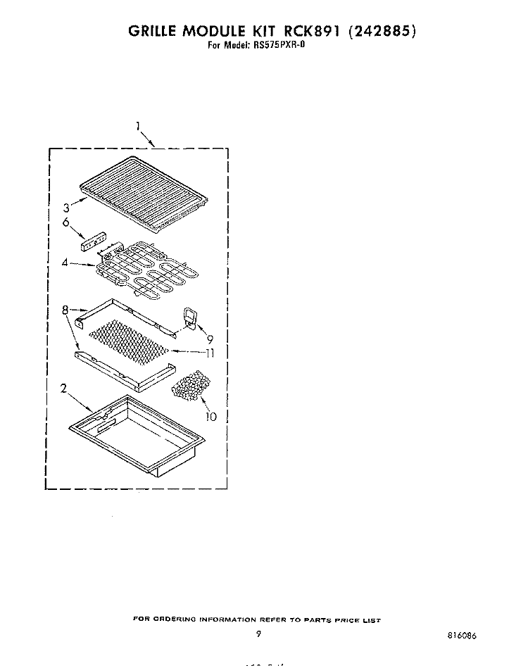 GRILLE KIT RCK891 , LITERATURE Diagram and Parts List for RS575PXR0  Whirlpool Range