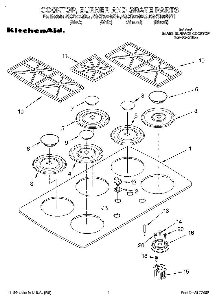 SECTION Diagram and Parts List for KGCT366GBL1  KitchenAid Cooktop