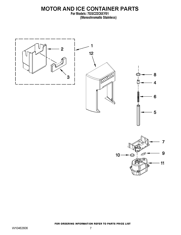 MOTOR AND ICE CONTAINER PARTS Diagram and Parts List for 7GSC22C6XY01  Whirlpool Refrigerator