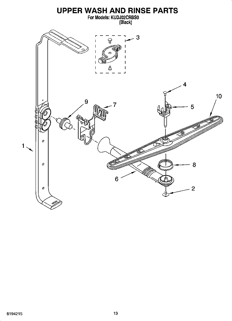 UPPER WASH AND RINSE PARTS Diagram and Parts List for KUDJ02CRBS0  KitchenAid Dishwasher