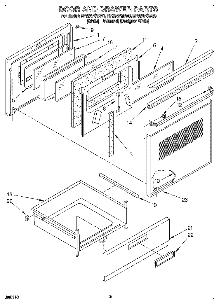 DOOR AND DRAWER Diagram and Parts List for RF364PSBN0  Whirlpool Range
