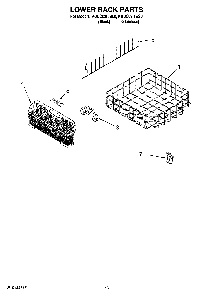 LOWER RACK PARTS, OPTIONAL PARTS (NOT INCLUDED) Diagram and Parts List for KUDC03ITBS0  KitchenAid Dishwasher