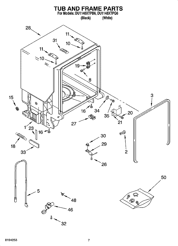 TUB AND FRAME PARTS Diagram and Parts List for DU1148XTPQ6  Whirlpool Dishwasher