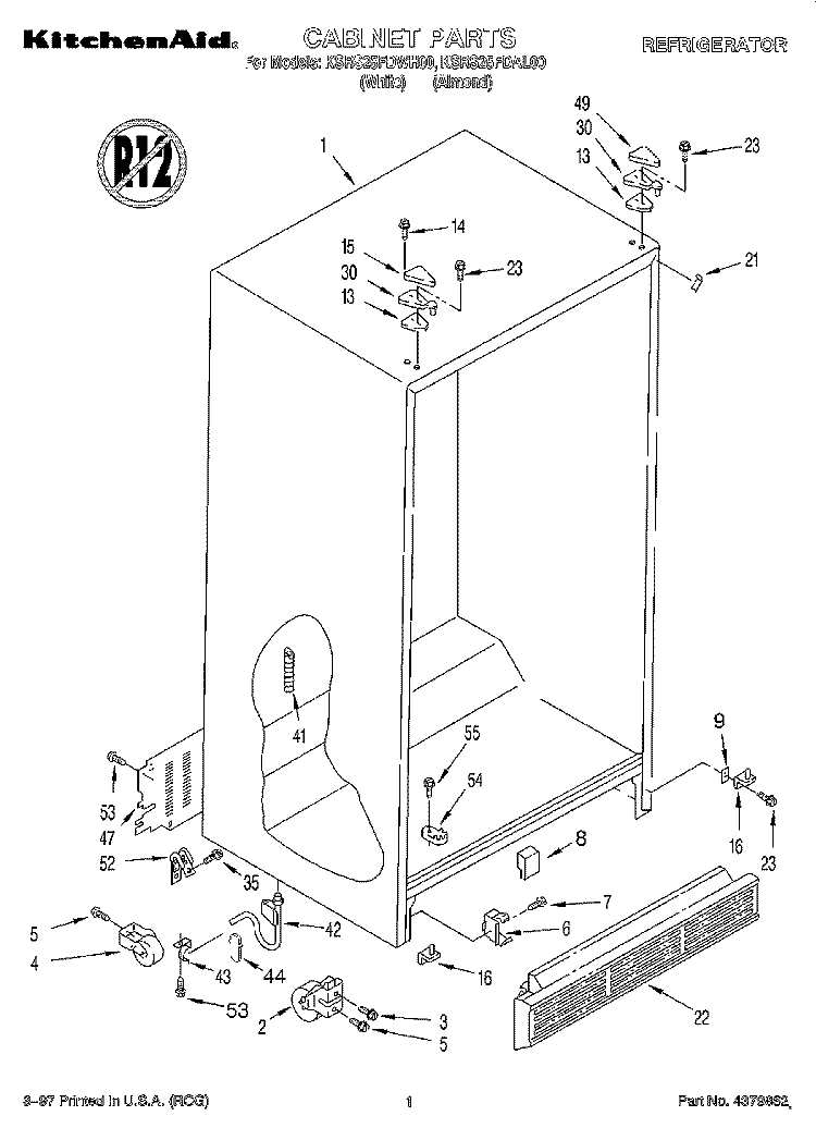 CABINET Diagram and Parts List for KSRS25FDWH00  KitchenAid Refrigerator