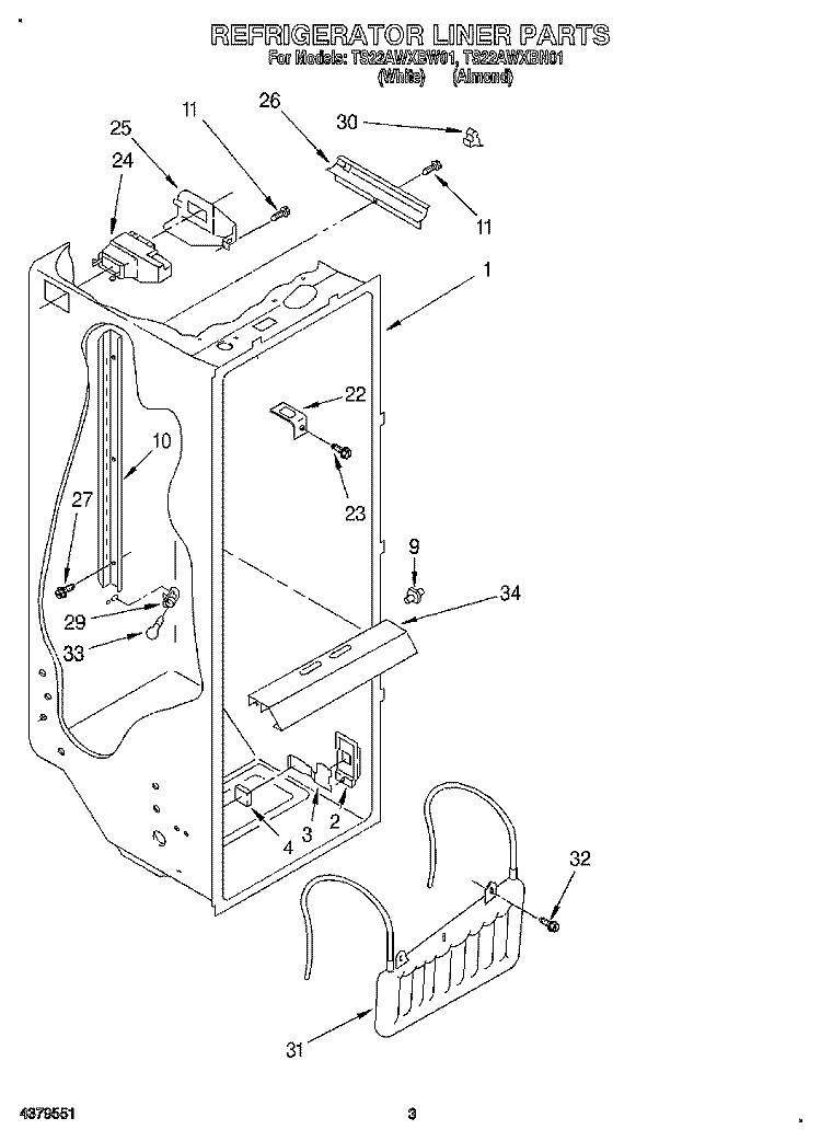 REFRIGERATOR LINER Diagram and Parts List for TS22AWXBN01  Whirlpool Refrigerator