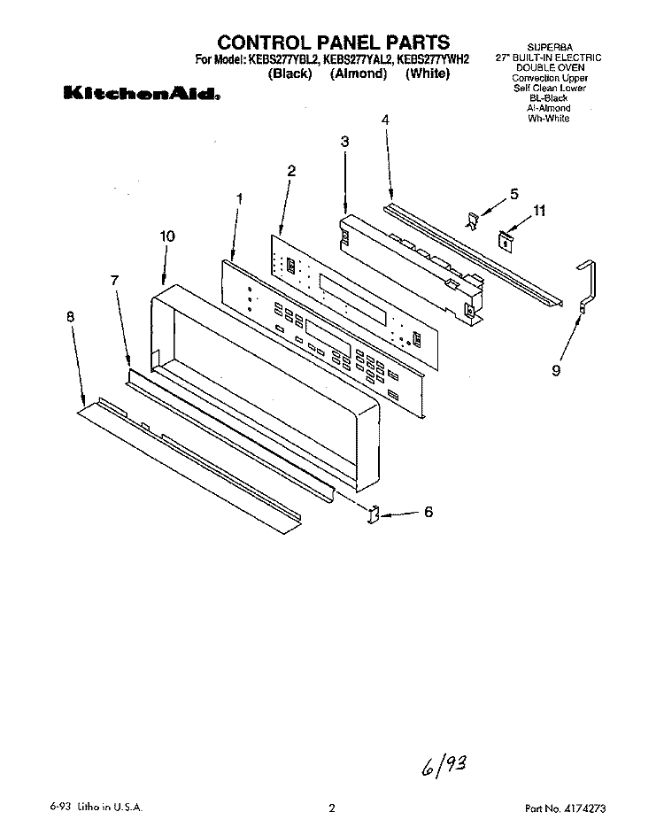 CONTROL PANEL, LIT/OPTIONAL Diagram and Parts List for KEBS277YBL2  KitchenAid Wall Oven