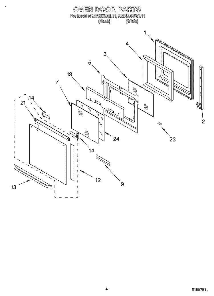 OVEN DOOR Diagram and Parts List for KEBI206DBL11  KitchenAid Wall Oven