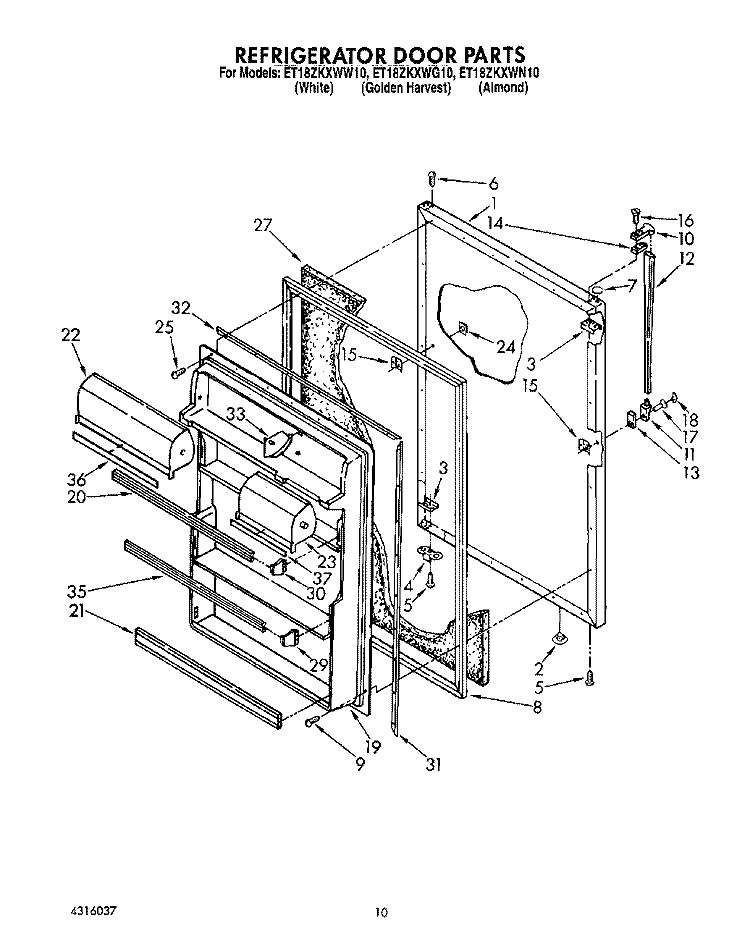 REFRIGERATOR DOOR, LIT/OPTIONAL Diagram and Parts List for ET18ZKXWW10  Whirlpool Refrigerator