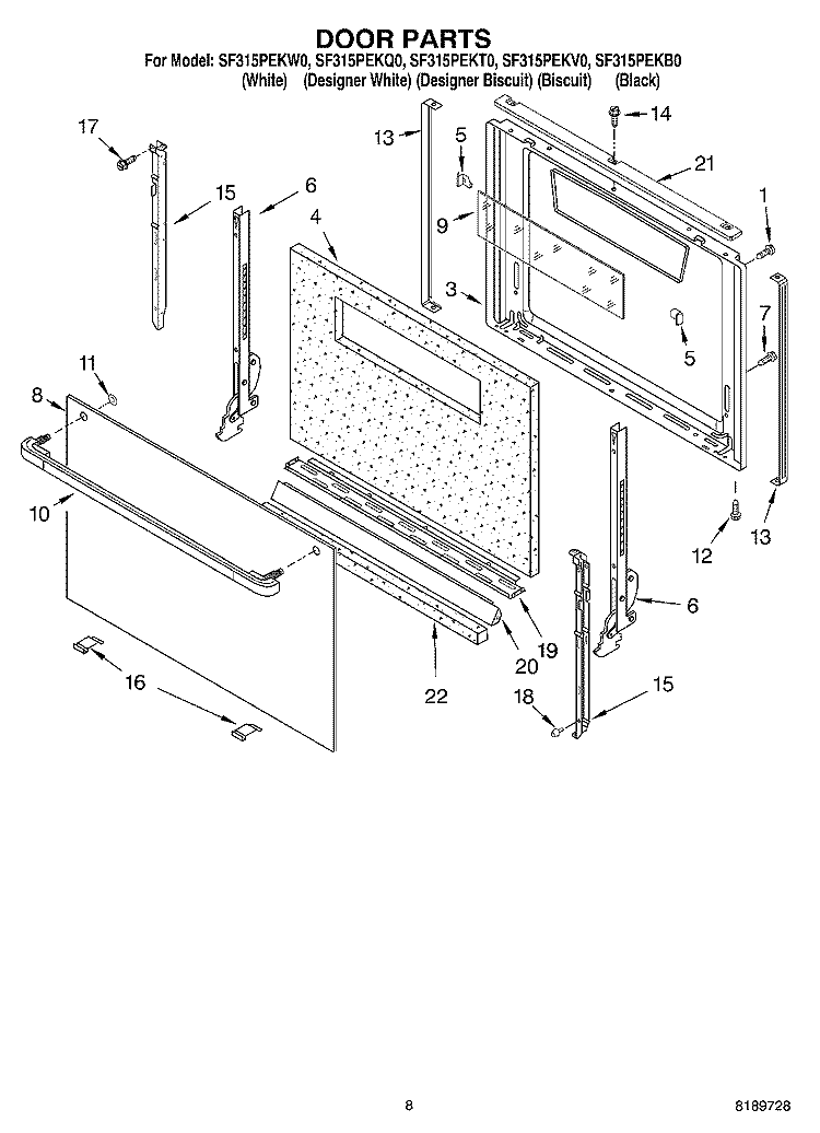 DOOR Diagram and Parts List for SF315PEKW0  Whirlpool Range
