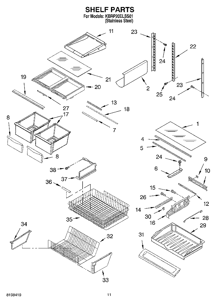SHELF PARTS Diagram and Parts List for KBRP20ELSS01  KitchenAid Refrigerator
