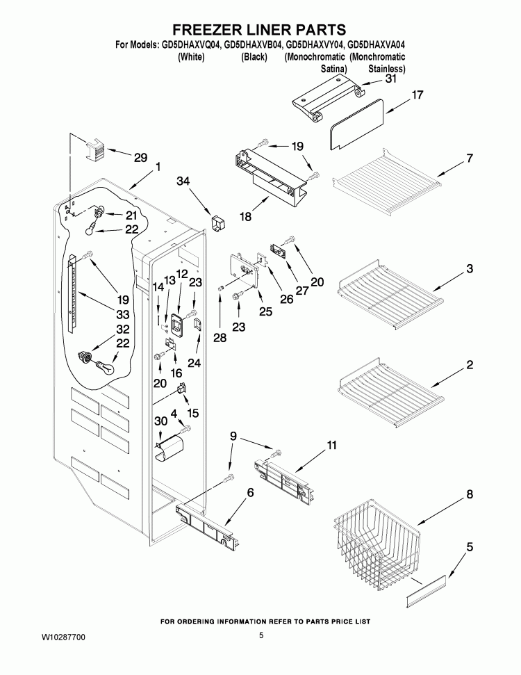 FREEZER LINER PARTS Diagram and Parts List for GD5DHAXVY04  Whirlpool Refrigerator