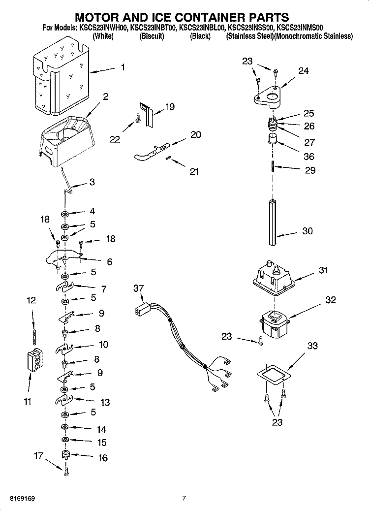 MOTOR AND ICE CONTAINER PARTS Diagram and Parts List for KSCS23INBL00  KitchenAid Refrigerator