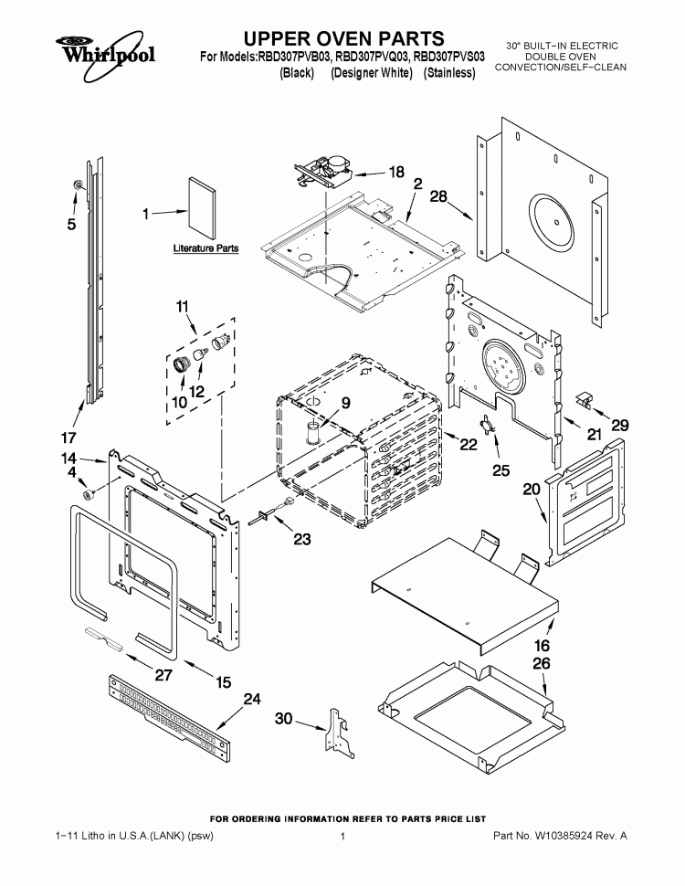 UPPER OVEN PARTS Diagram and Parts List for RBD307PVB03  Whirlpool Wall Oven