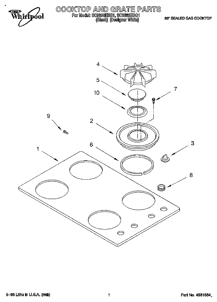 COOKTOP AND GRATE Diagram and Parts List for SC8836EBQ1  Whirlpool Cooktop