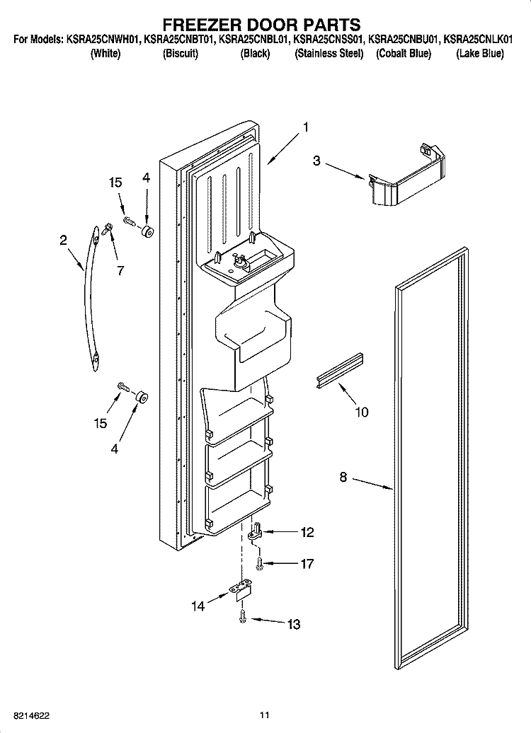 FREEZER DOOR PARTS Diagram and Parts List for KSRA25CNSS01  KitchenAid Refrigerator