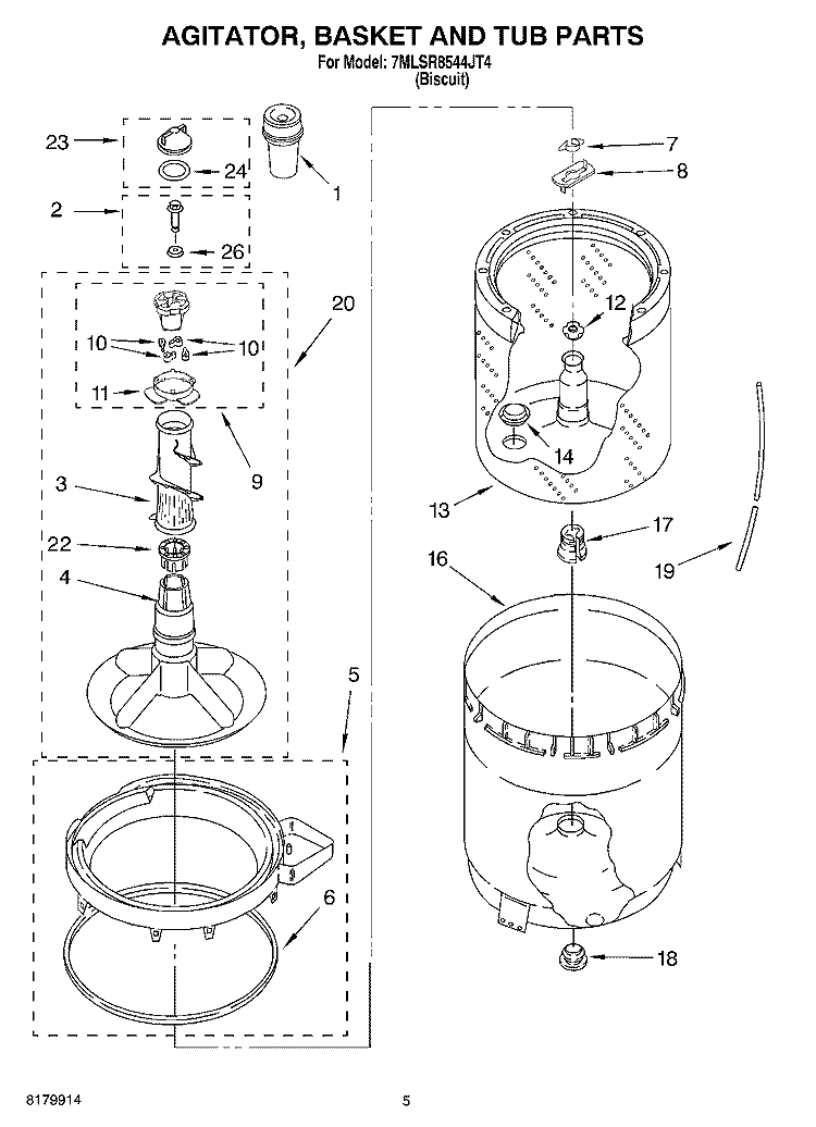 AGITATOR, BASKET AND TUB Diagram and Parts List for 7MLSR8544JT4  Whirlpool Washer