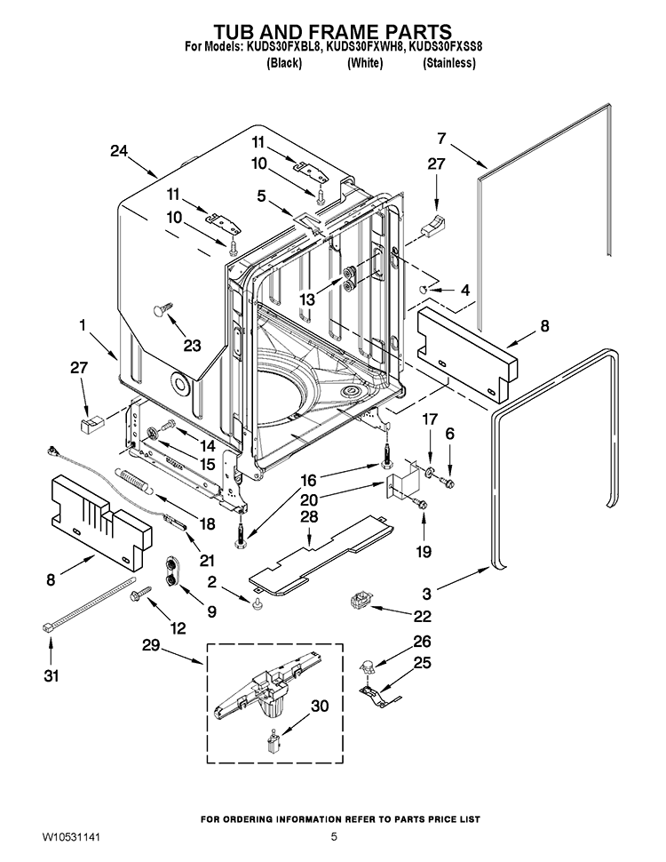 TUB AND FRAME PARTS Diagram and Parts List for KUDS30FXSS8  KitchenAid Dishwasher