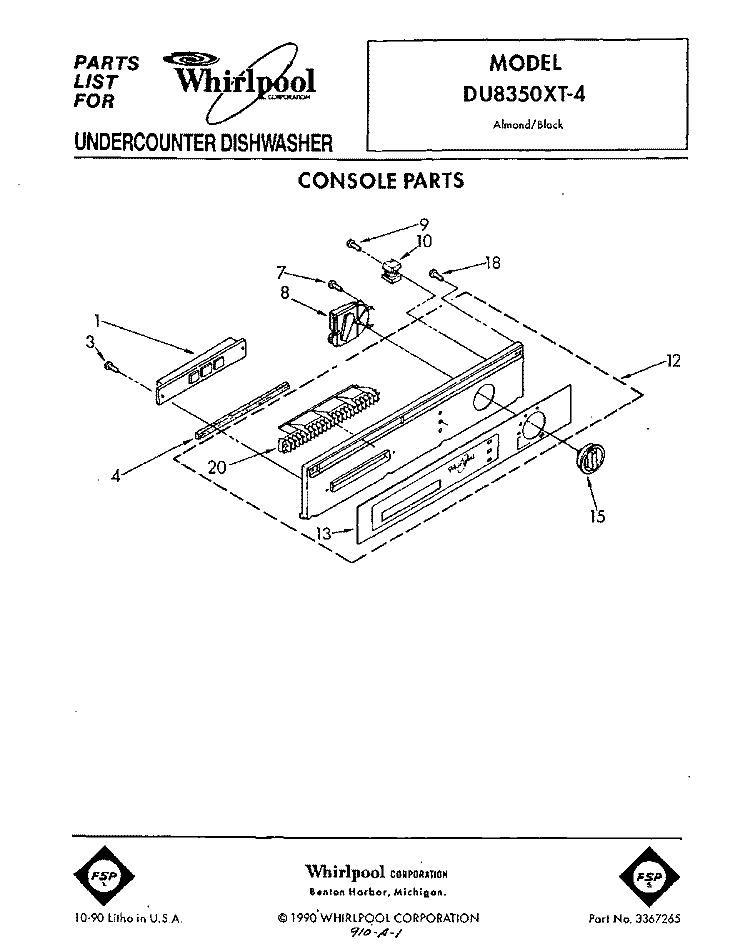 CONSOLE Diagram and Parts List for DU8350XT4  Whirlpool Dishwasher