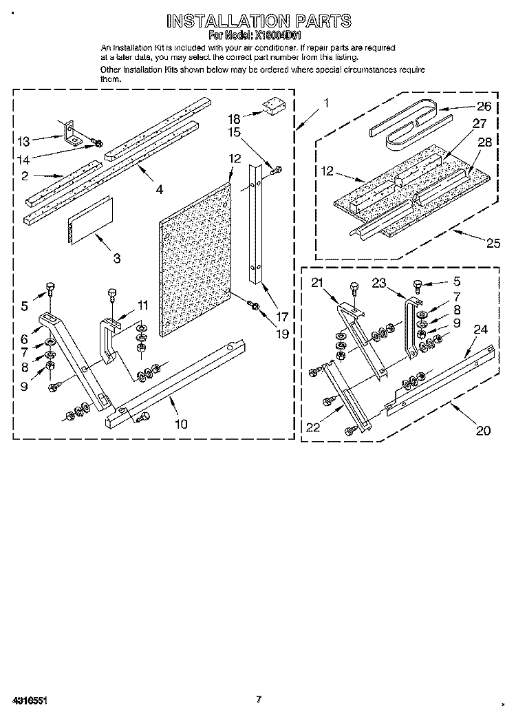 INSTALLATION Diagram and Parts List for X18004D01  Roper Air Conditioner