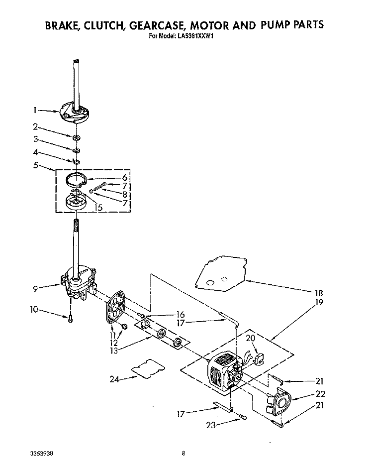 BRAKE, CLUTCH, GEARCASE, MOTOR AND PUMP Diagram and Parts List for LA5381XXM1  Whirlpool Washer