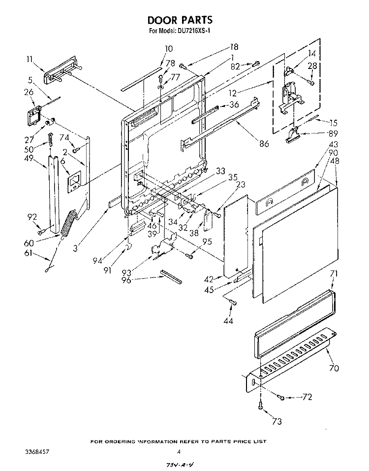 DOOR Diagram and Parts List for DU7216XS1  Whirlpool Dishwasher