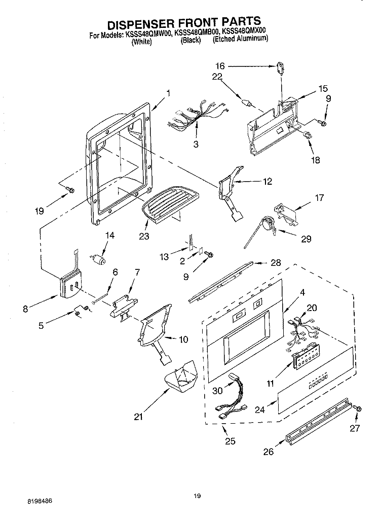 DISPENSER AND FRONT PARTS Diagram and Parts List for KSSS48QMW00  KitchenAid Refrigerator