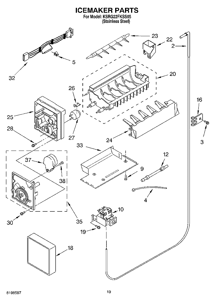 ICEMAKER PARTS Diagram and Parts List for KSRG22FKSS05  KitchenAid Refrigerator