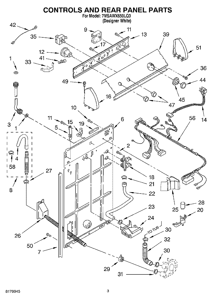 CONTROLS/REAR PANEL PARTS Diagram and Parts List for 7MSAWX650LQ0  Whirlpool Washer