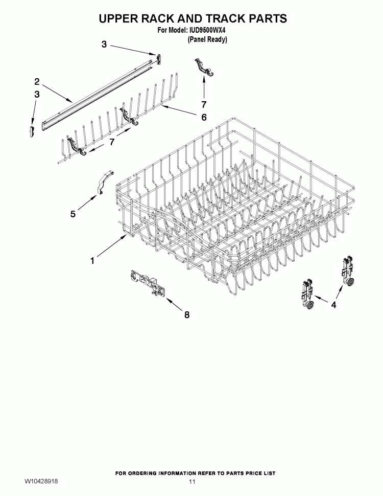 UPPER RACK AND TRACK PARTS Diagram and Parts List for IUD9500WX4  Whirlpool Dishwasher