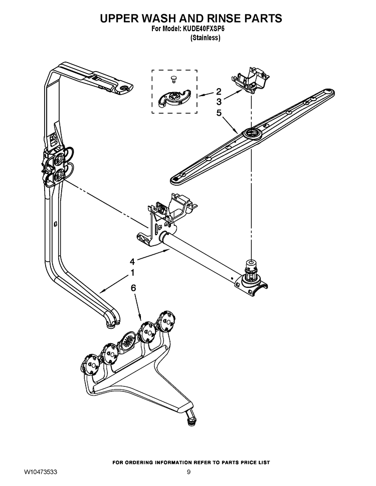 UPPER WASH AND RINSE PARTS Diagram and Parts List for KUDE40FXSP5  KitchenAid Dishwasher
