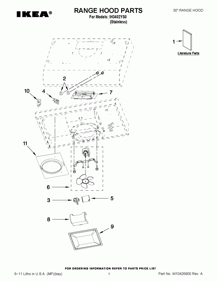 CABINET PARTS Diagram and Parts List for IH3402YS0  Whirlpool Range Hood